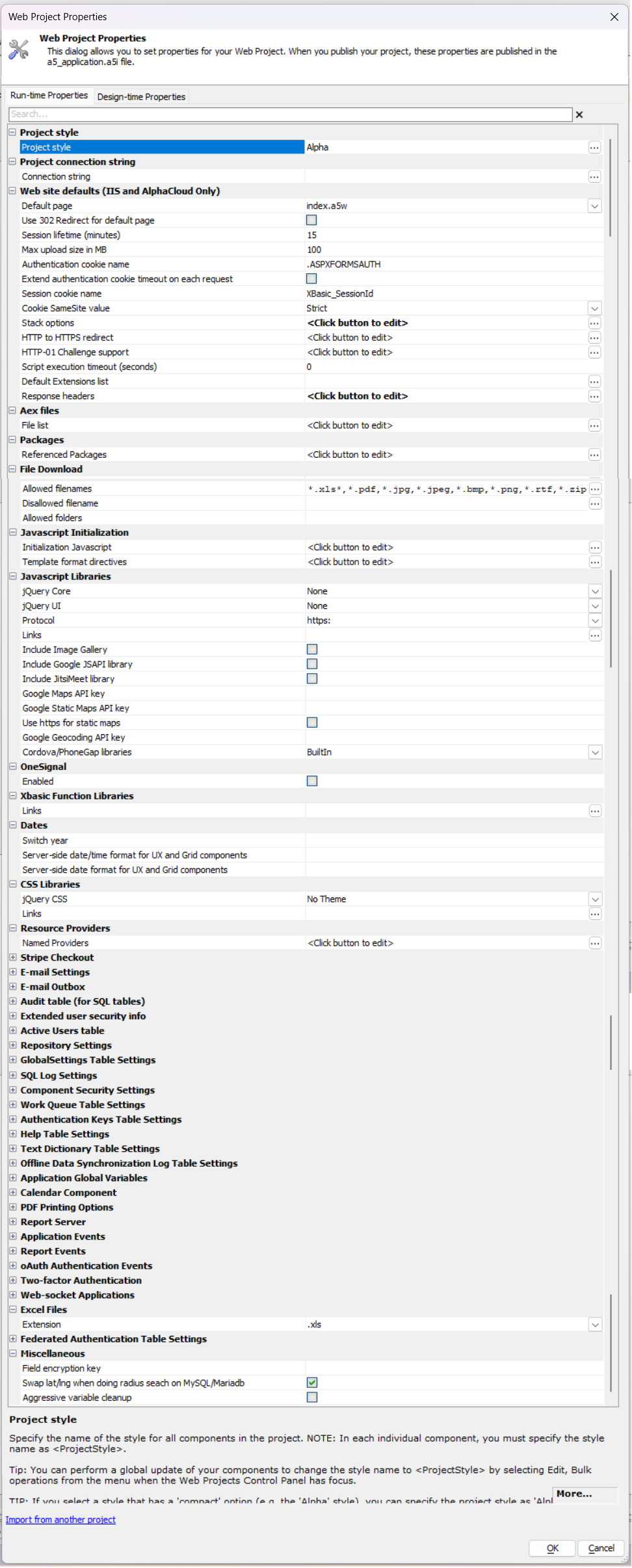 Web Project Properties Dialog